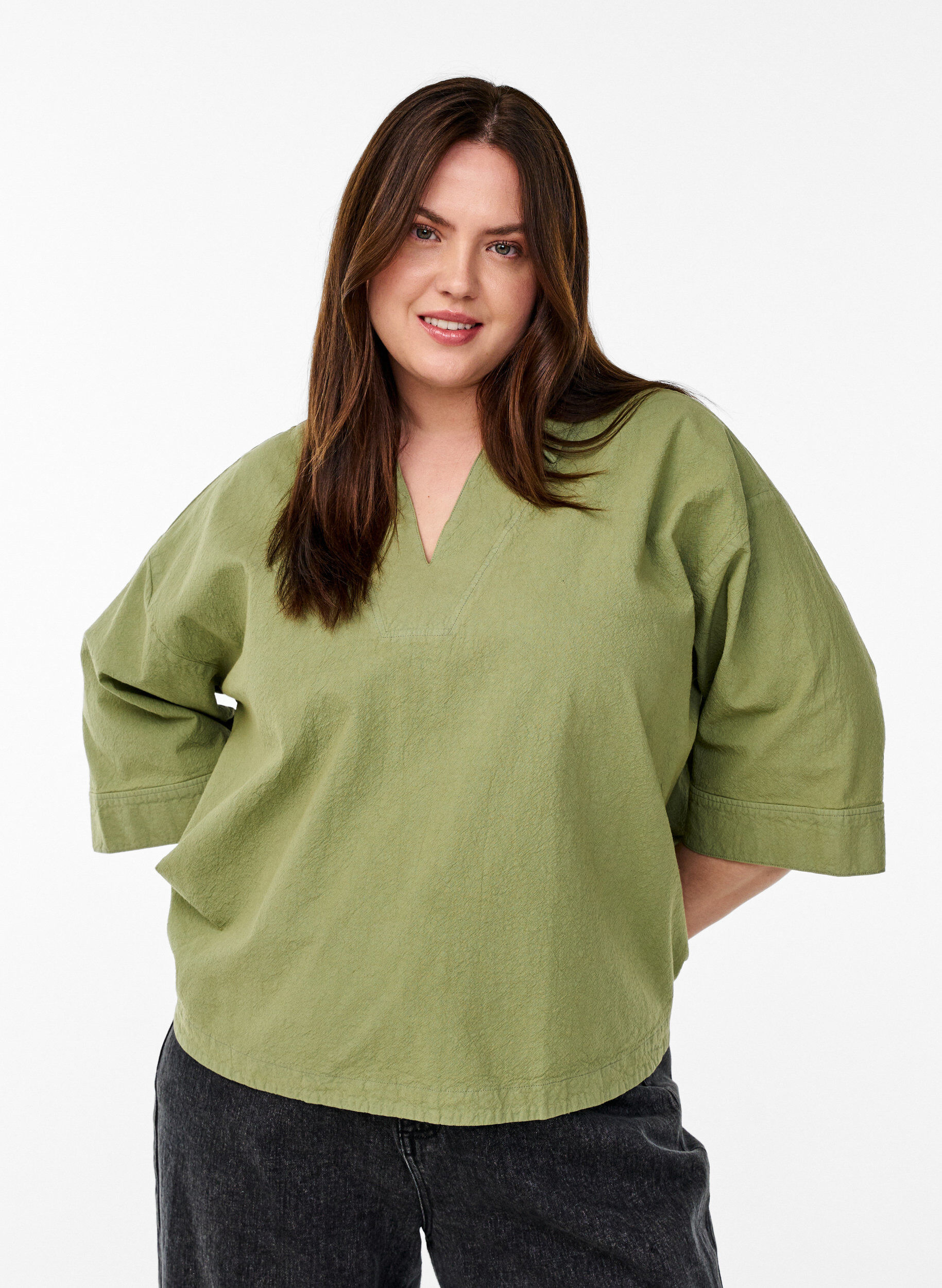 ZizziLosse blouse met kraag en 1/2 mouwen, Groen, Model image number 0