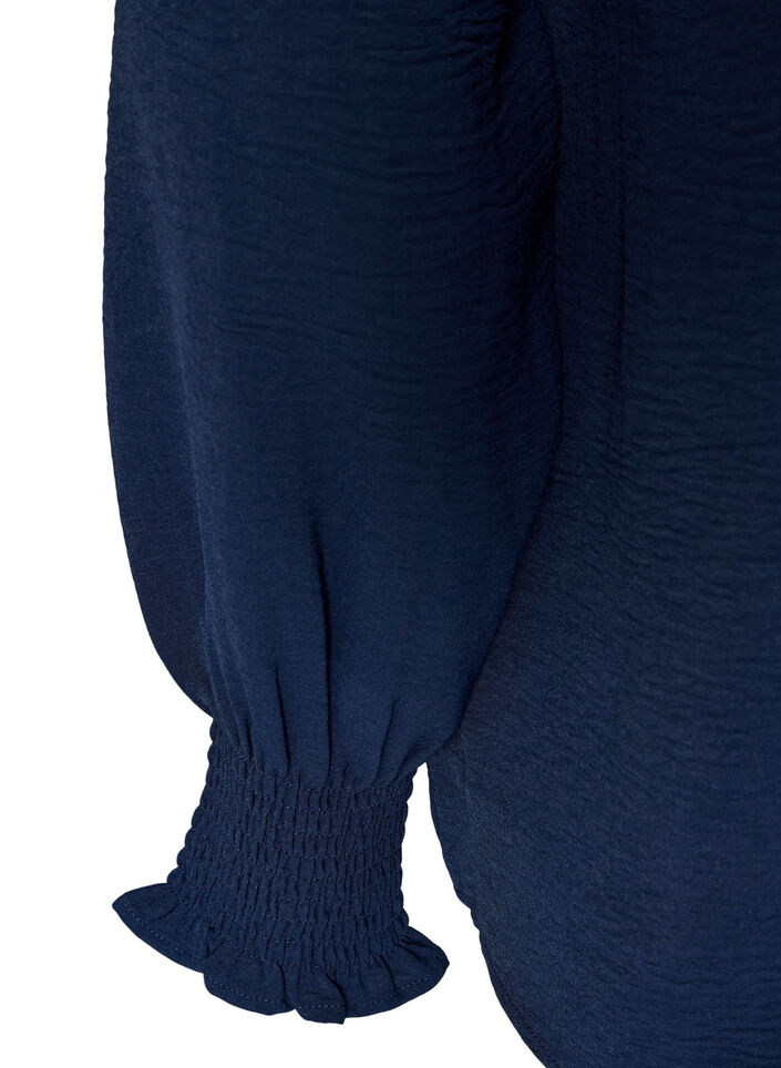 Blouse met smockmanchetten en V-hals, Blauw, Packshot image number 3