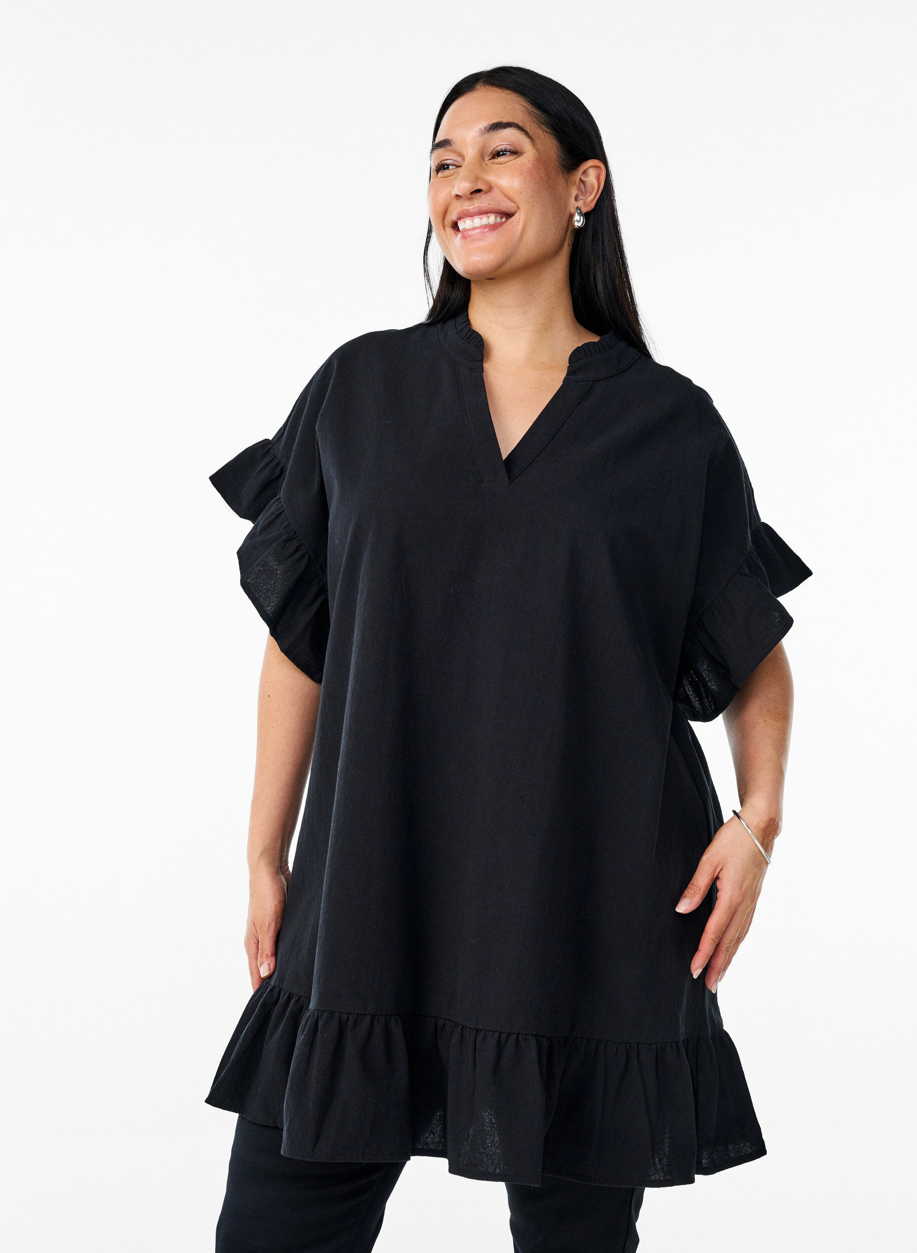Tunic met V-hals en ruchesdetails, Zwart, Model