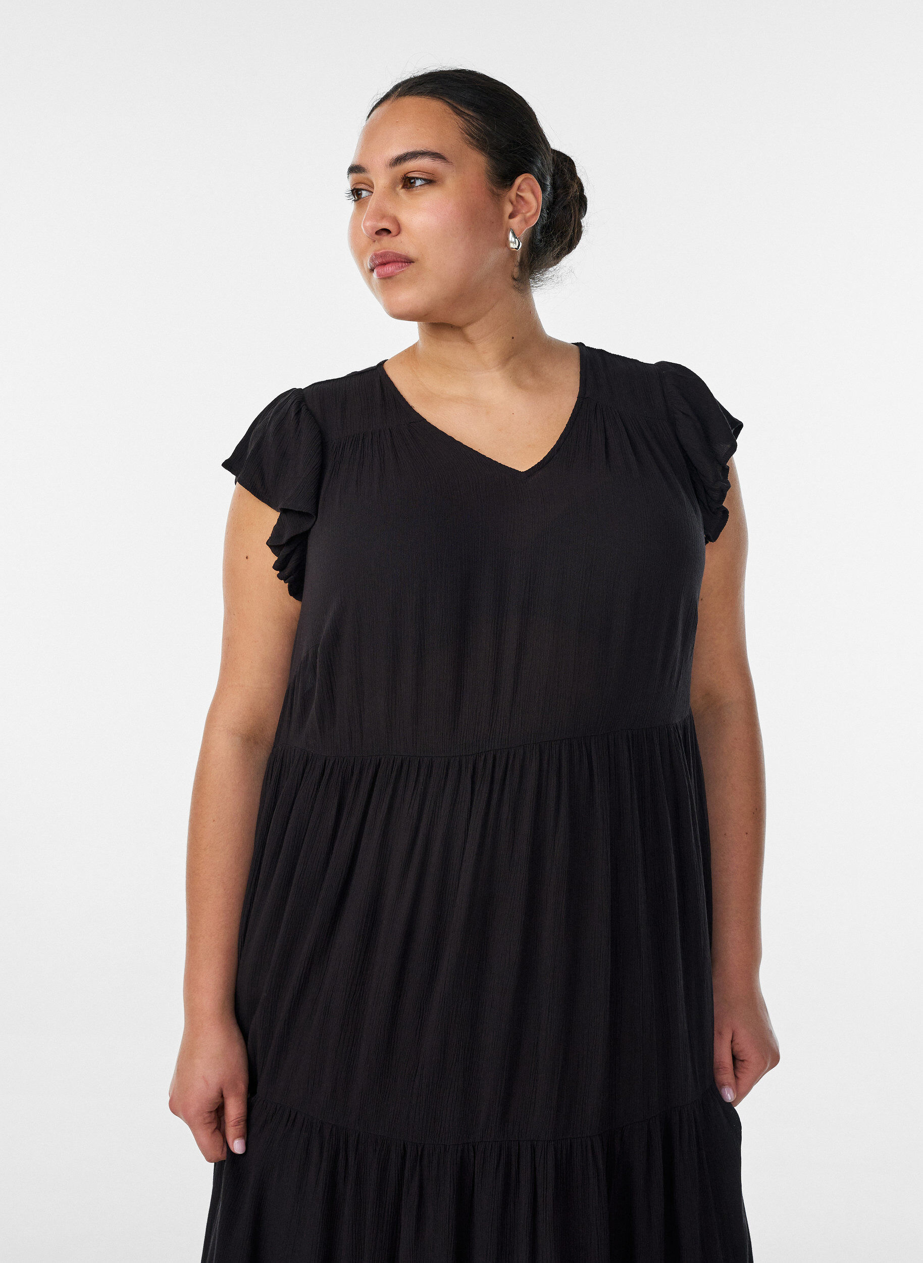 ZizziMidi jurk van viscose met ruches mouwen, Zwart, Model image number 2