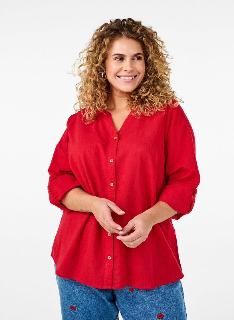 Katoenen blouse met een V-hals, Rood, Model image number 0