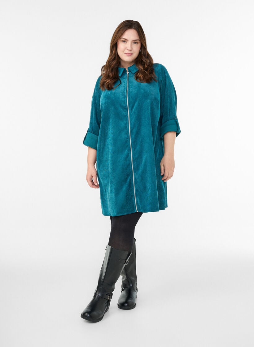 Corderoy jurk met rits en 3/4-mouwen, Groen, Model image number 1