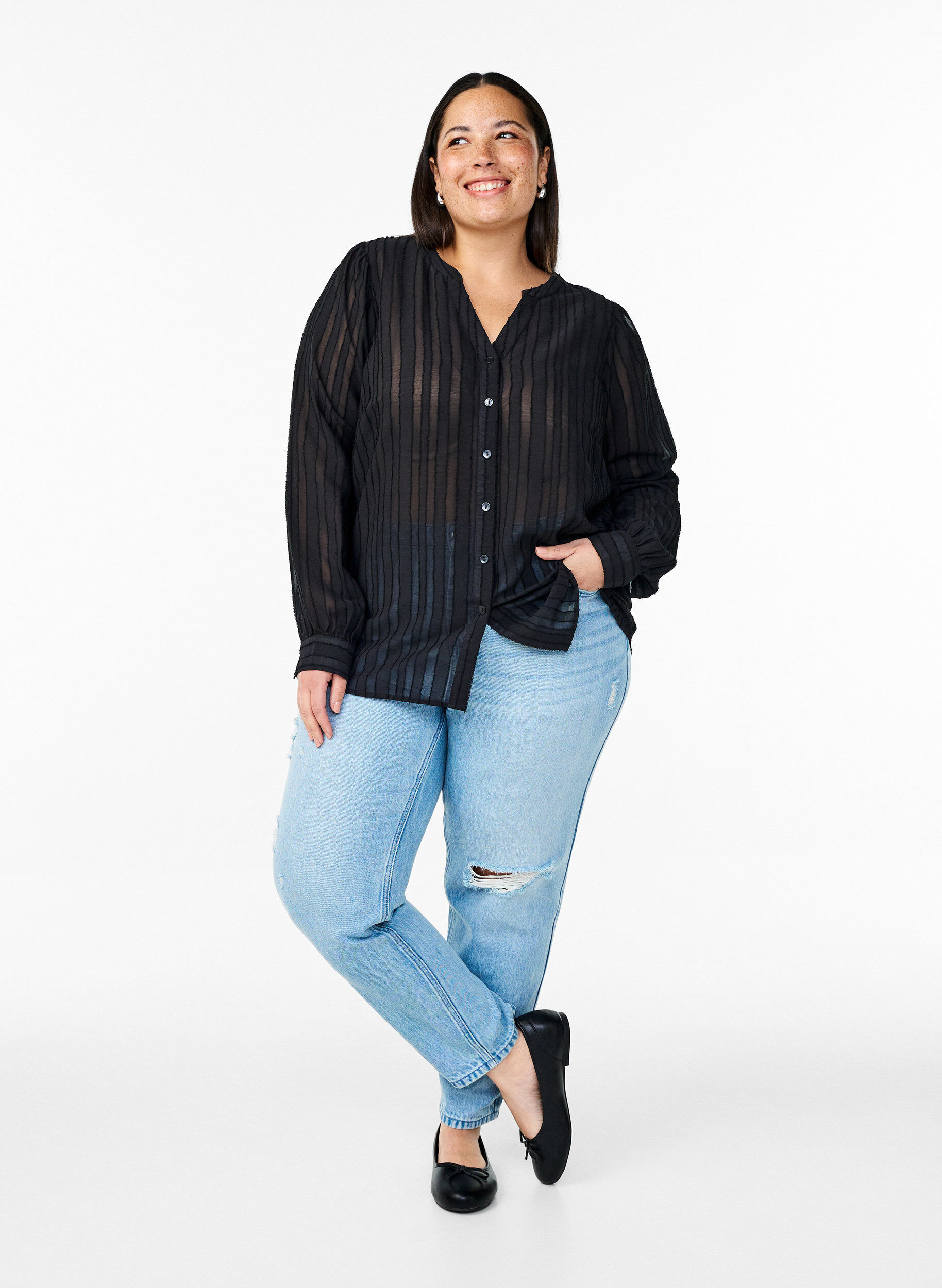 ZizziGestreepte blouse met transparante strepen, Zwart, Model image number 1
