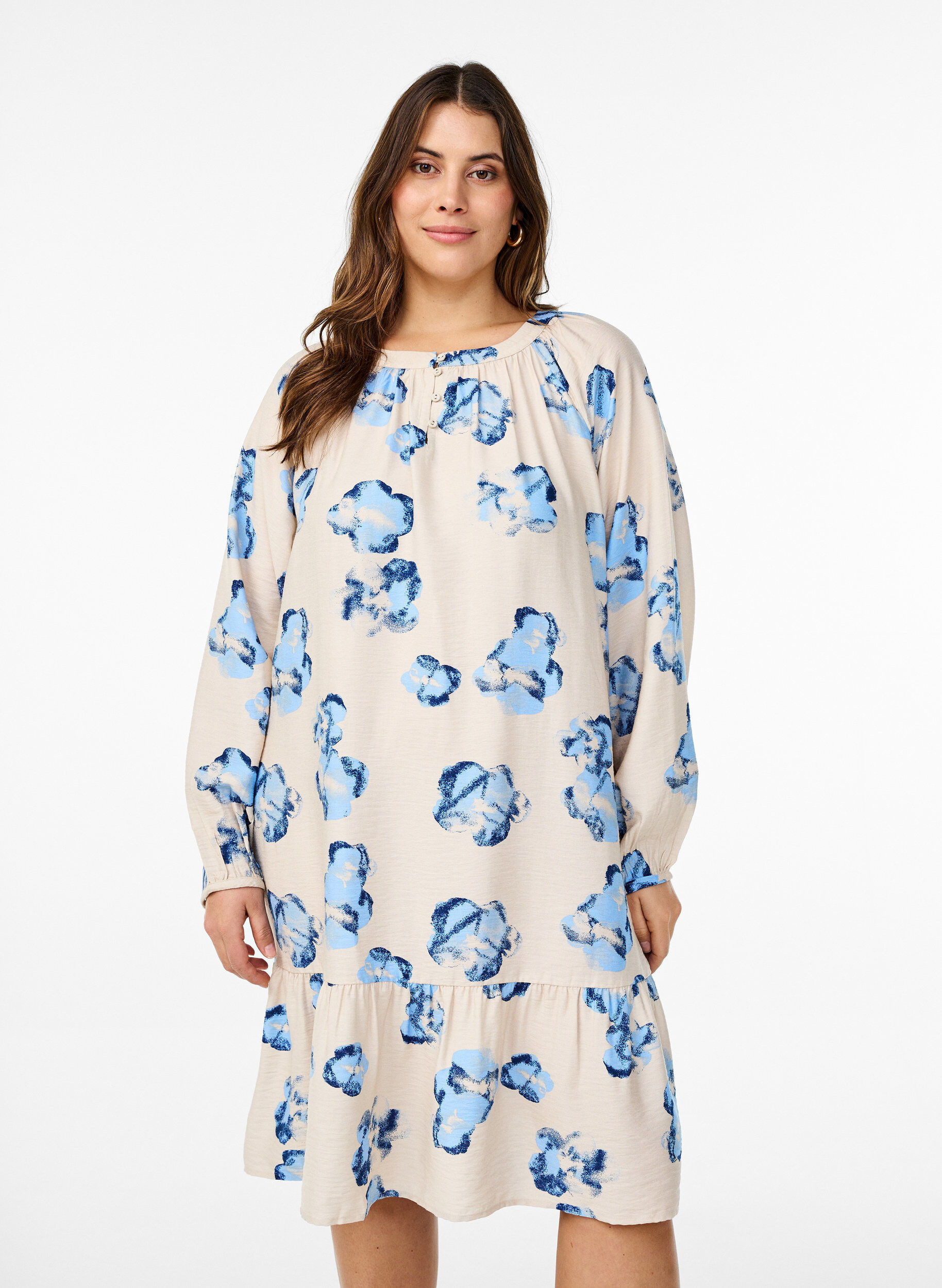 Knie-lange jurk met lange mouwen en een A-lijn snit, Vanille, Model