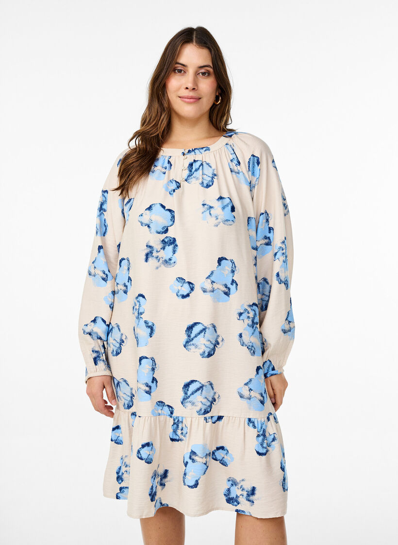 Knie-lange jurk met lange mouwen en een A-lijn snit, Off White Blue AOP, Model