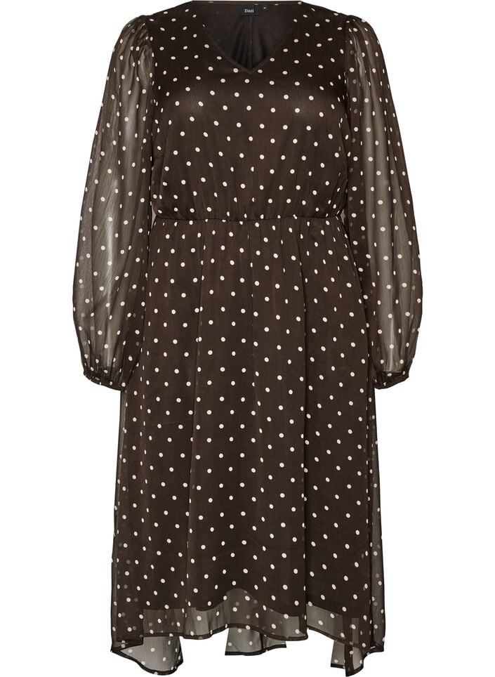 Chiffon jurk met polkadots en lange mouwen, Bruin, Packshot image number 0