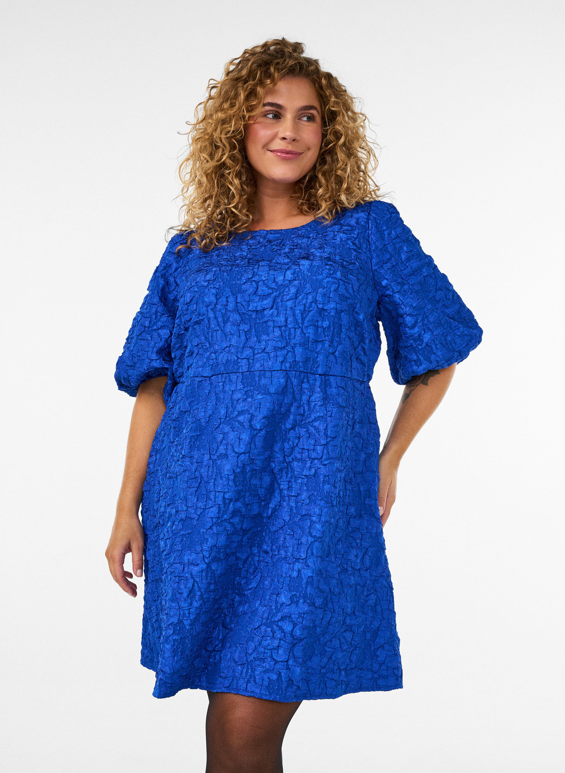 Jacquard jurk met pofmouwen en A-lijn, Blauw, Model