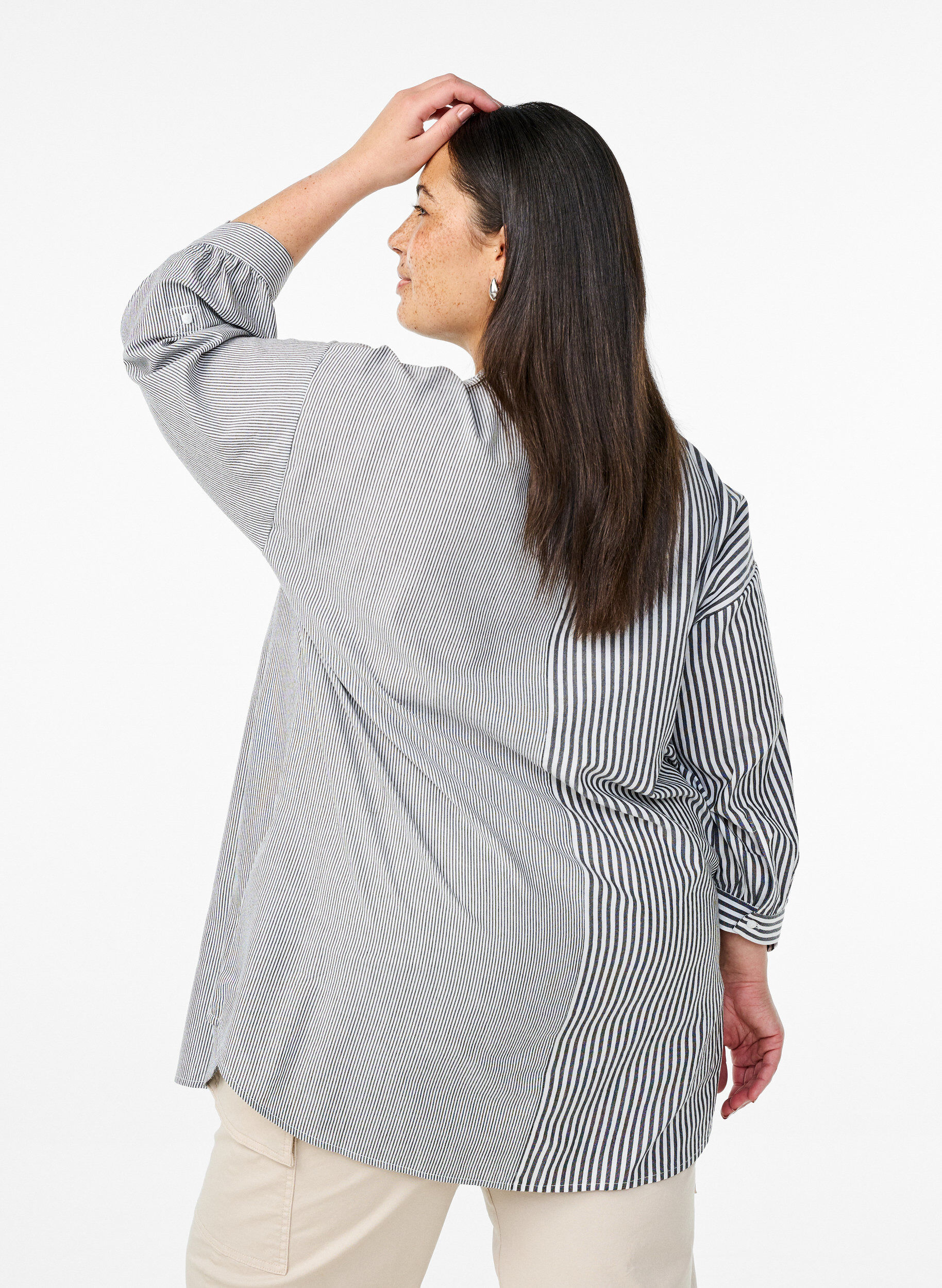 ZizziGestreepte tuniek met 3/4 mouwen, Zwart, Model image number 2