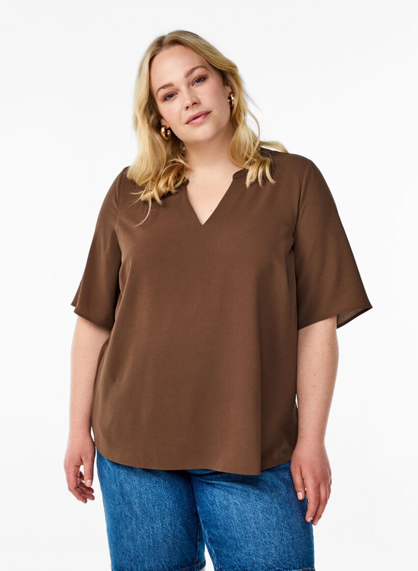 Blouse met korte mouwen en V-hals, Bruin, Model image number 0