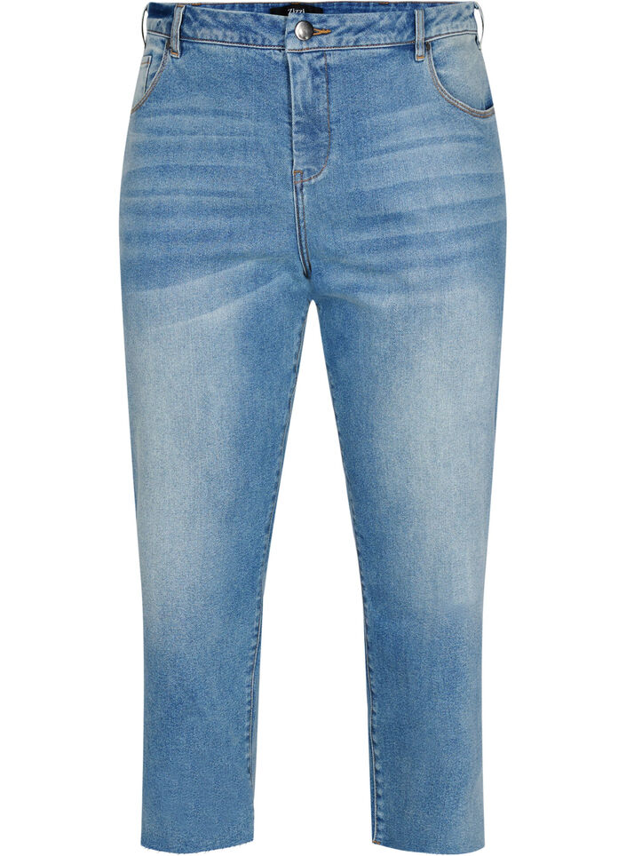 7/8 jeans met ruwe randjes en hoge taille, Blauw, Packshot image number 0