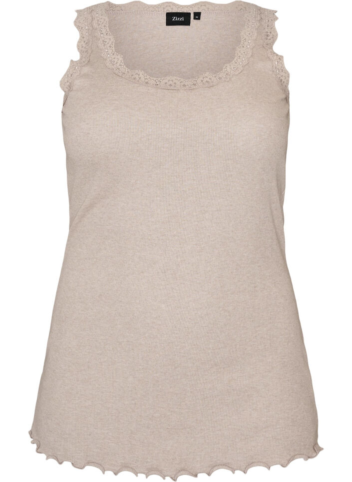 Geribde top met kanten afwerking, Beige, Packshot image number 0