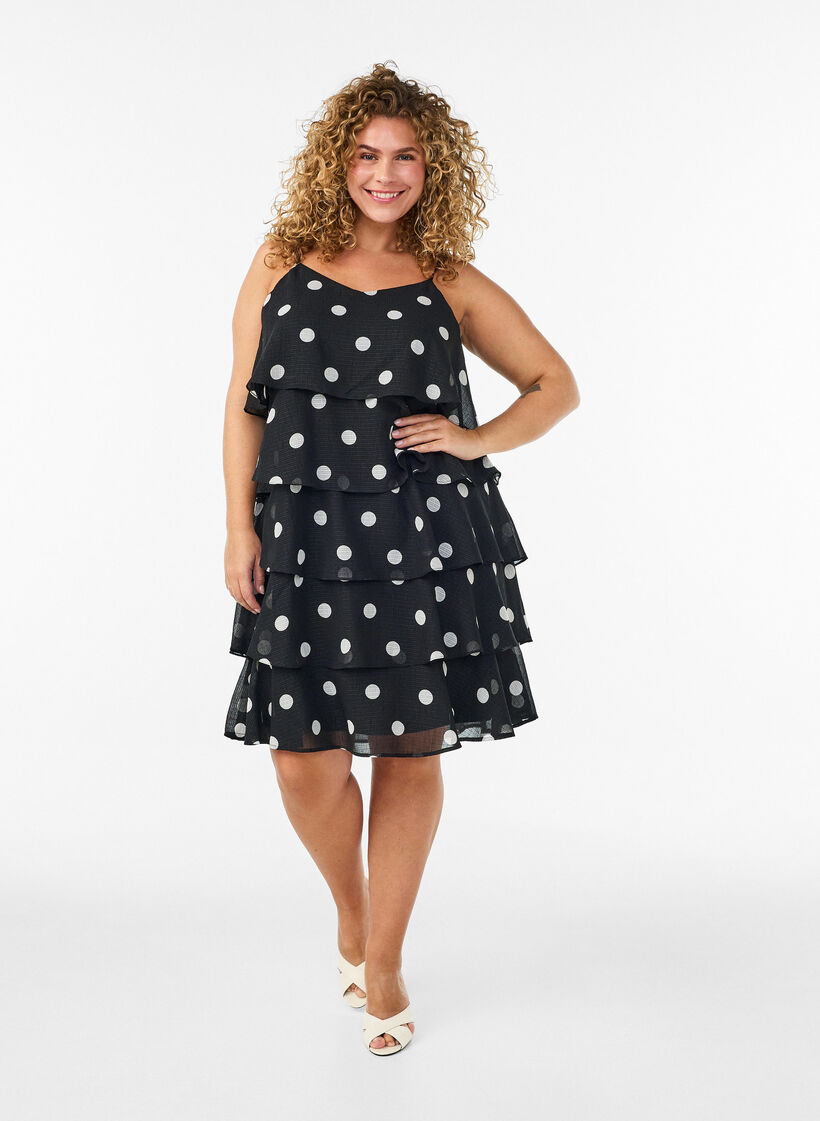 Gelaagde jurk met ruches en spaghettibandjes, Zwart, Model image number 1