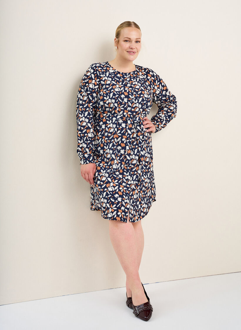 Langärmelige overhemdjurk met strikceintuur, Blauw, Image image number 0