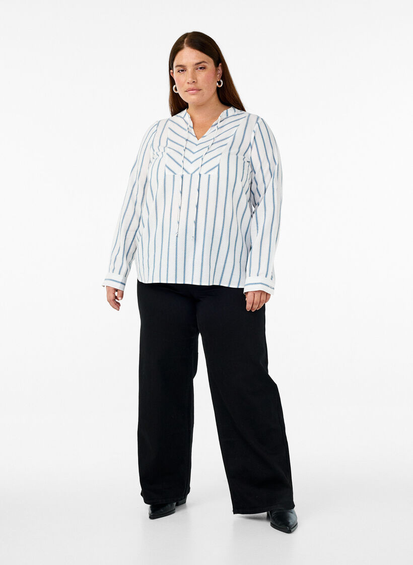Gestreepte blouse met strikdetail, Wit, Model image number 1