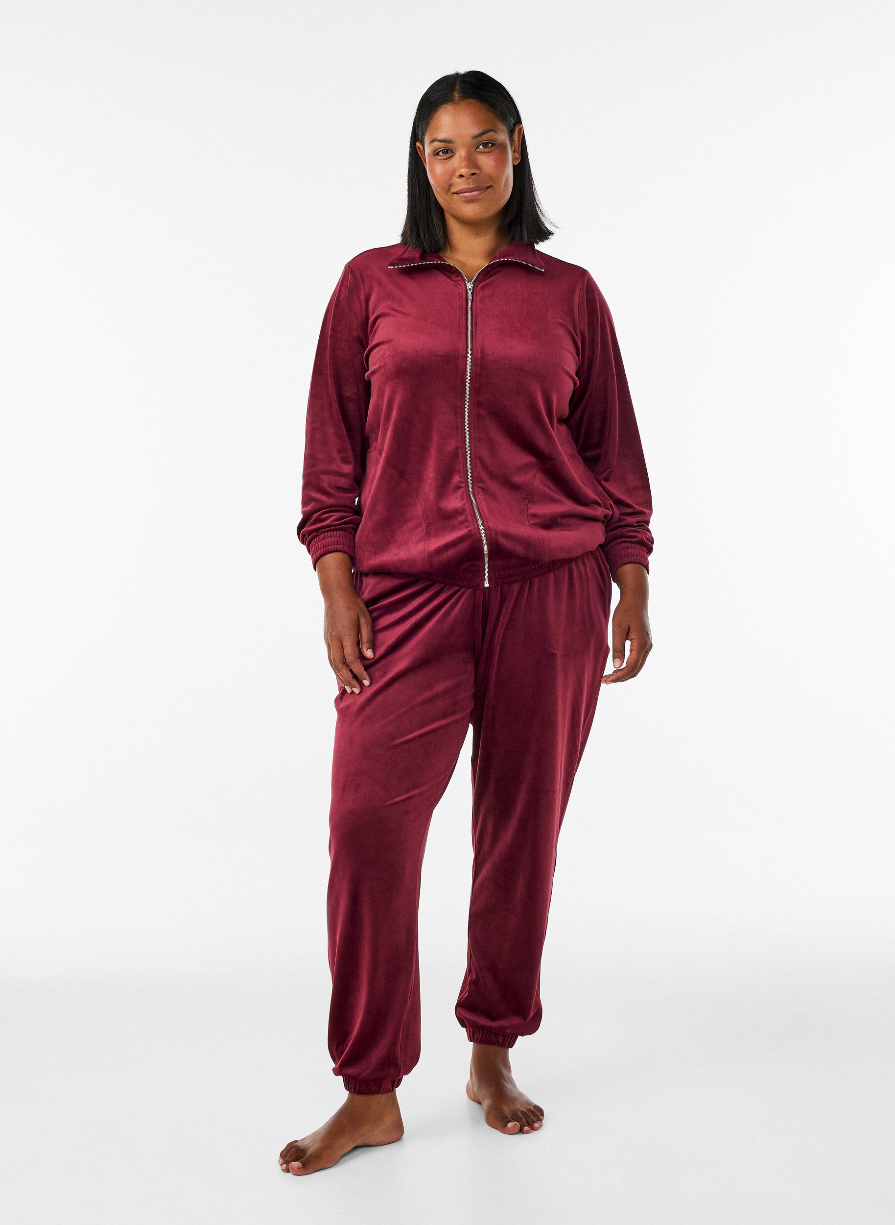 ZizziZachte velours cardigan met rits en hoge kraag, Rood, Model image number 1