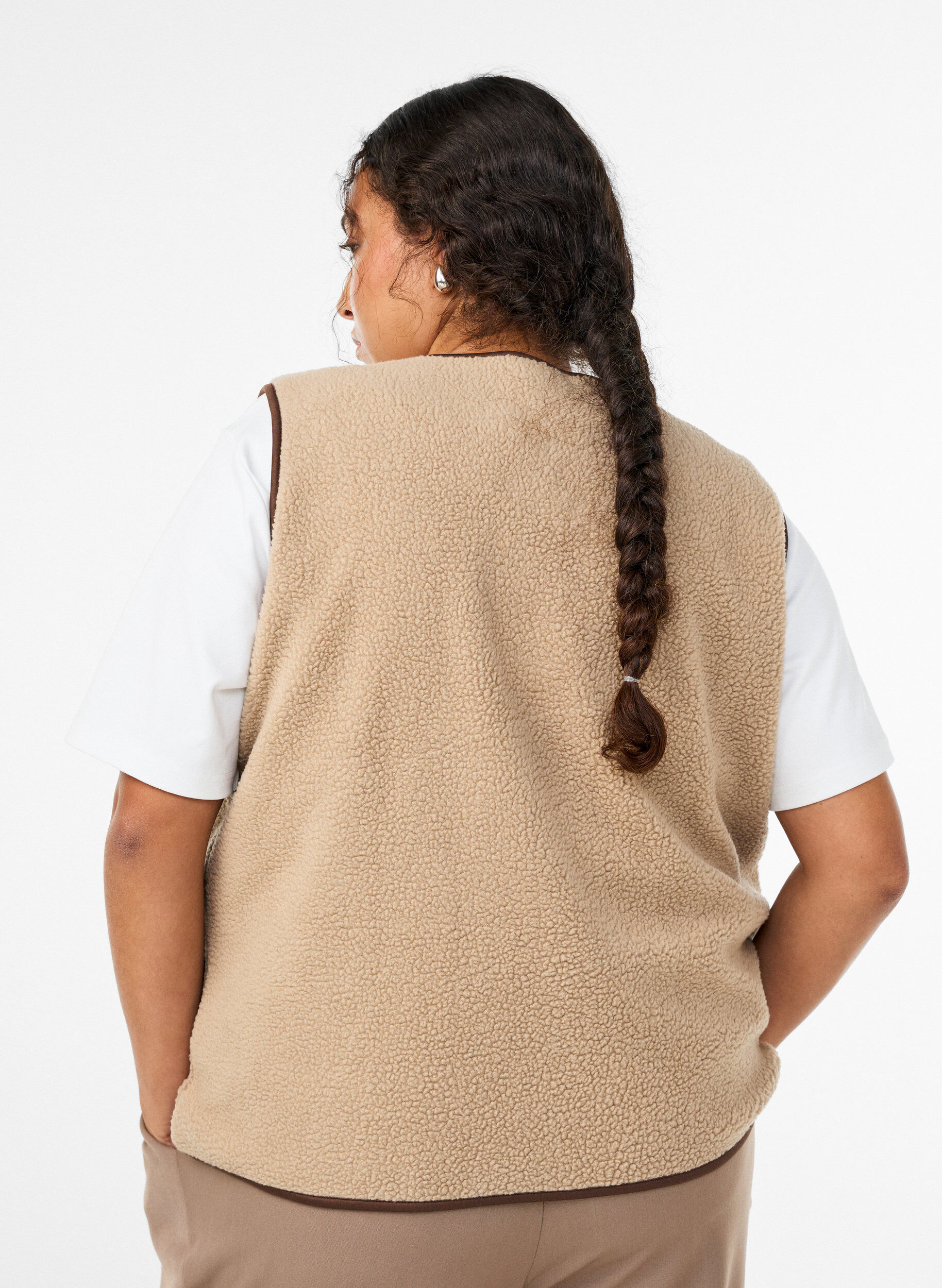 ZizziTeddy-fleecevest met contrasterende boorden, Beige, Model image number 2