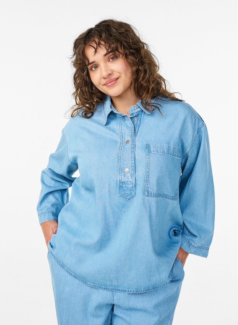 Los denimshirt met 3/4-mouwen, Blauw, Model image number 0