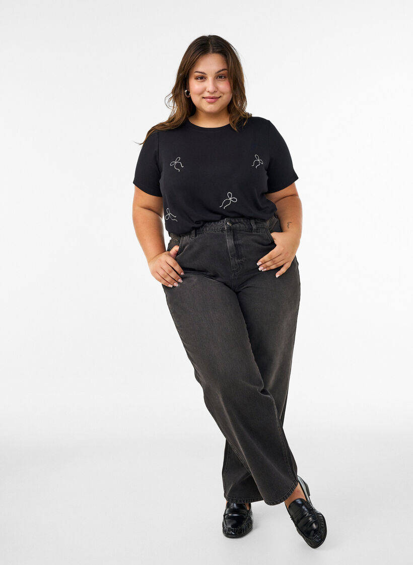 Viscose T-shirt met strassteentjes, Zwart, Model image number 1