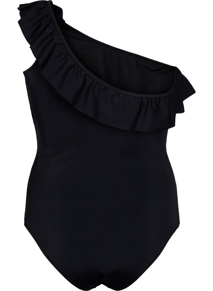 Een schouderbadpak met ruffle, Black, Packshot