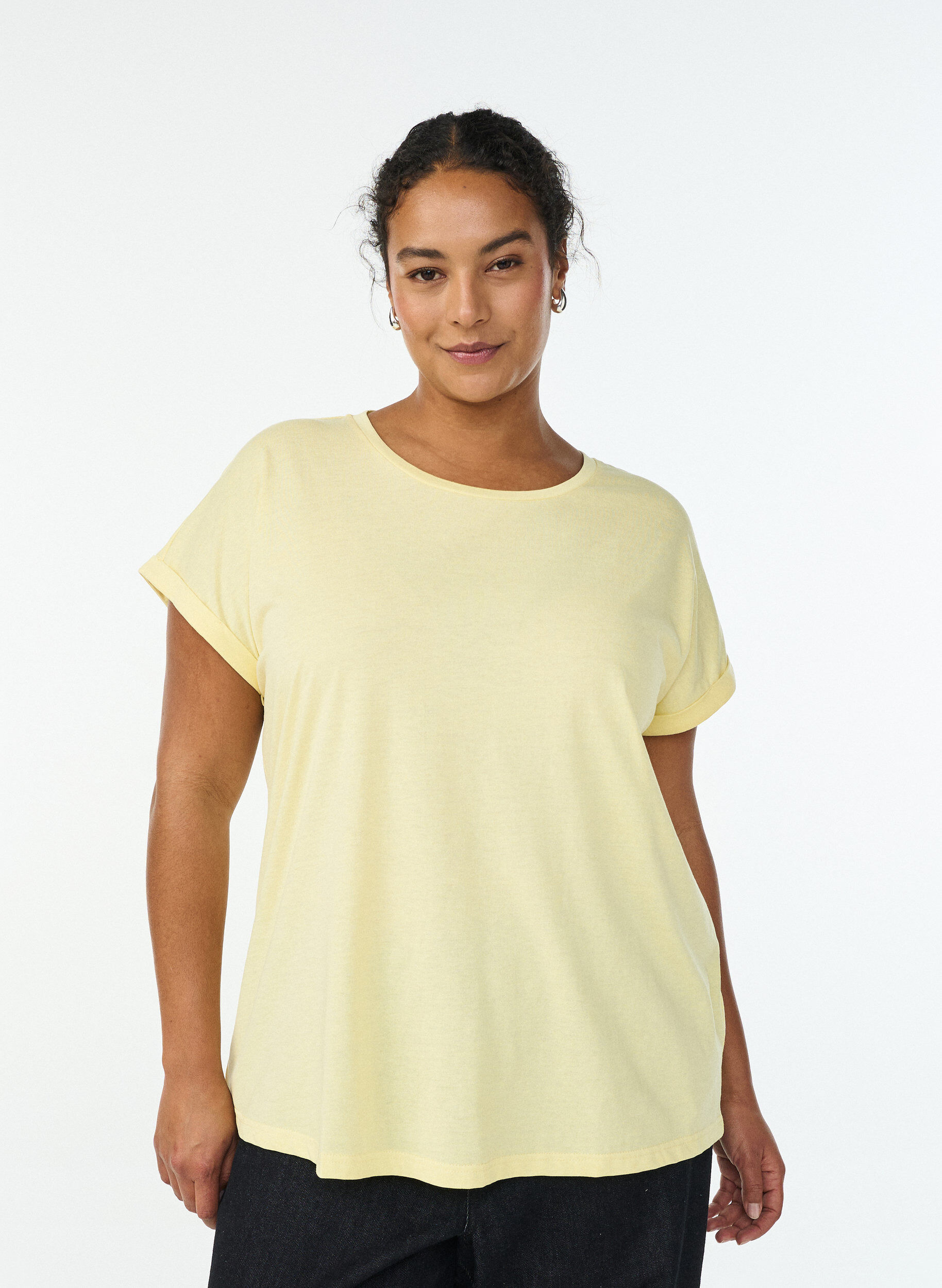 T-shirt met korte mouwen van katoenmix, Geel, Model