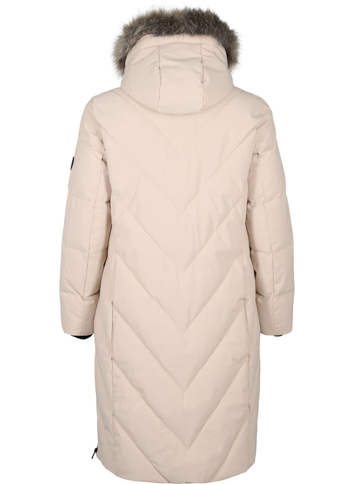 Lange winterjas met haaksluitingen en een nep bontkraag, Beige, Packshot image number 1
