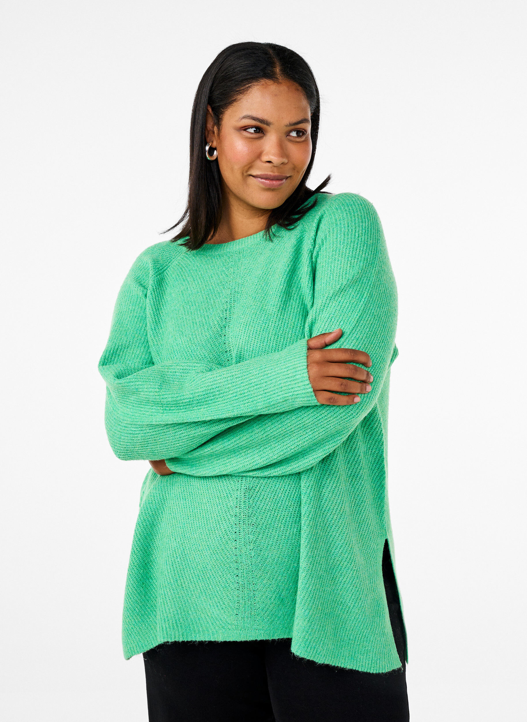 ZizziGebreide blouse met ronde hals, Light G. Green Mel., Model image number 0