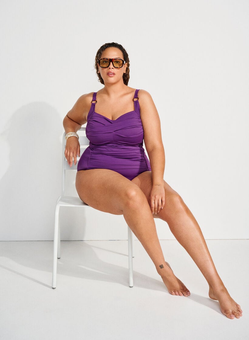 Gewatteerd badpak met draperie, Paars, Image image number 0