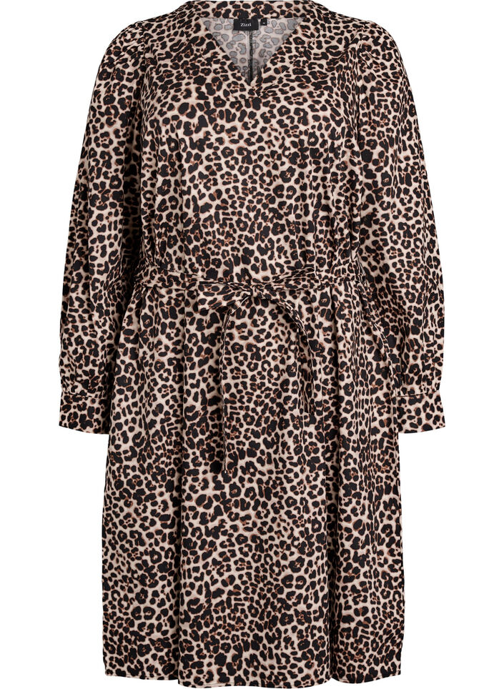 Jurk in biologisch katoen met strikceintuur, Bruin, Packshot image number 0