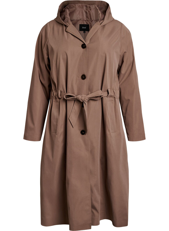 Trenchcoat met capuchon en strikceintuur, Bruin, Packshot