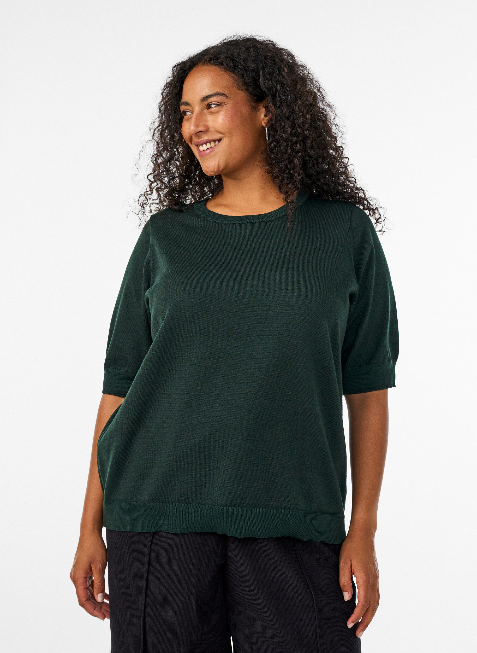 Fijngebreide blouse met korte mouwen, Groen, Model