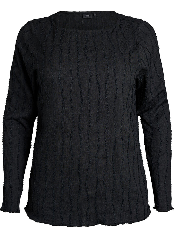Jersey blouse met een golvende textuur, Zwart, Packshot image number 0