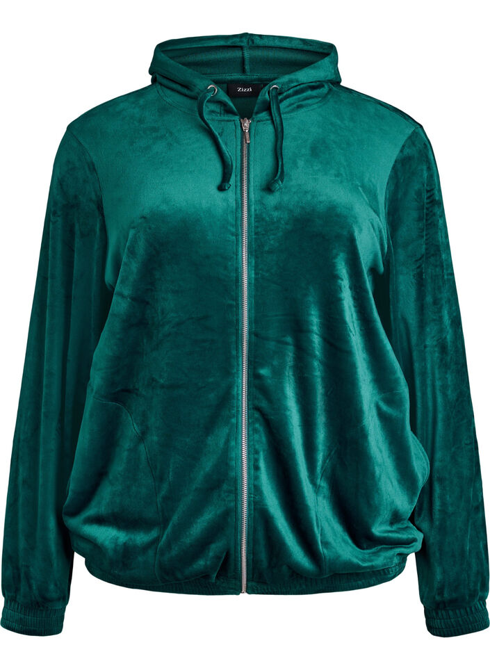 Velours cardigan met ritssluiting en capuchon, Groen, Packshot image number 0