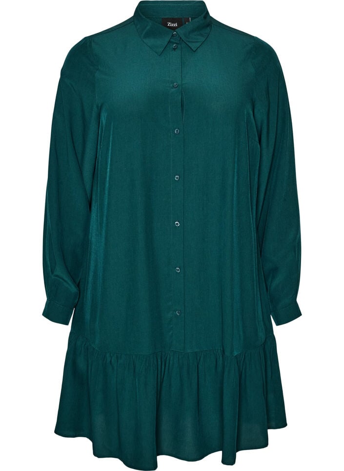 Korte overhemdjurk met ruchelaag, Groen, Packshot image number 0