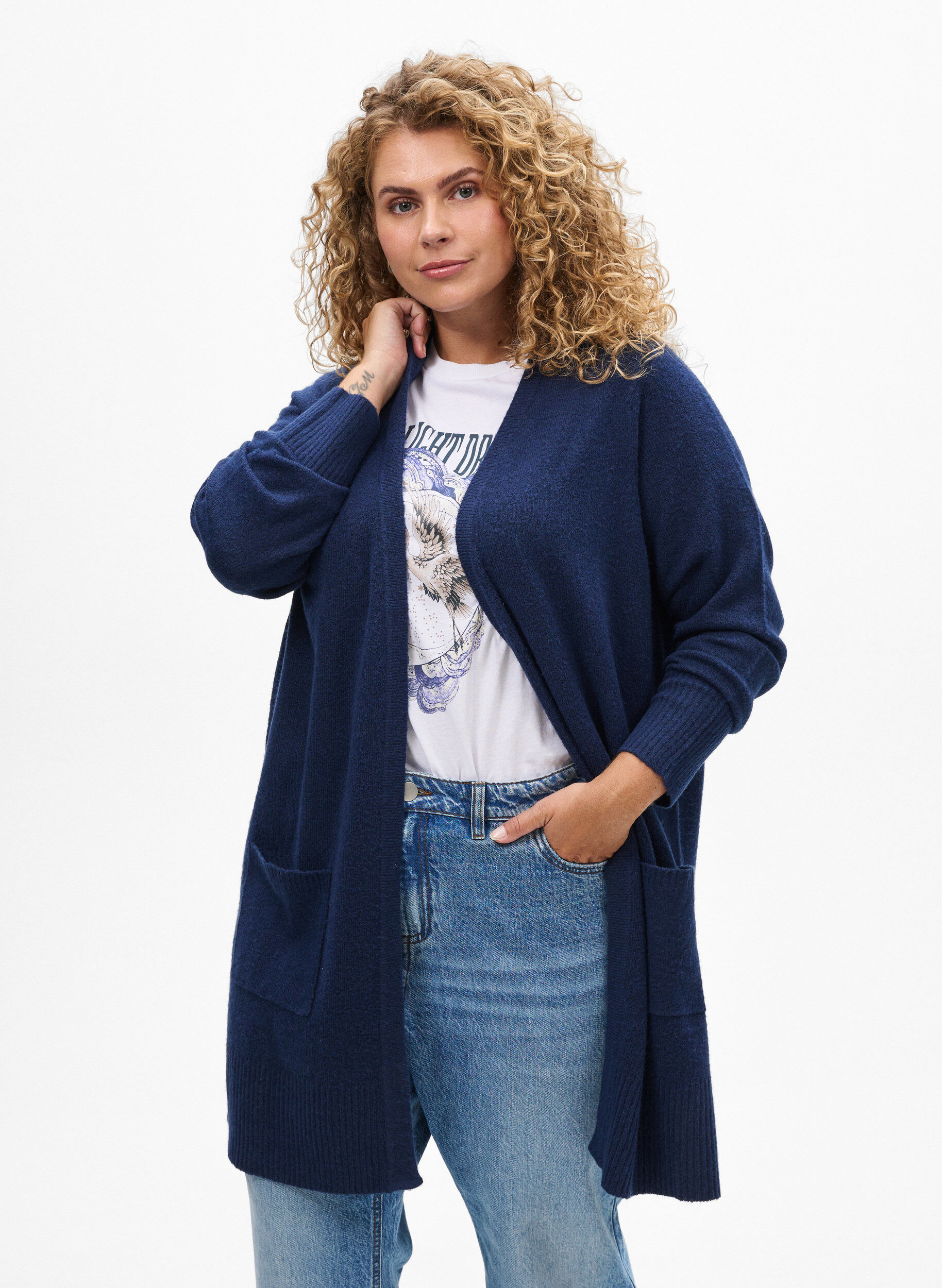 Cardigan en tricot c&ocirc;tel&eacute; avec poches, Bleu, Model