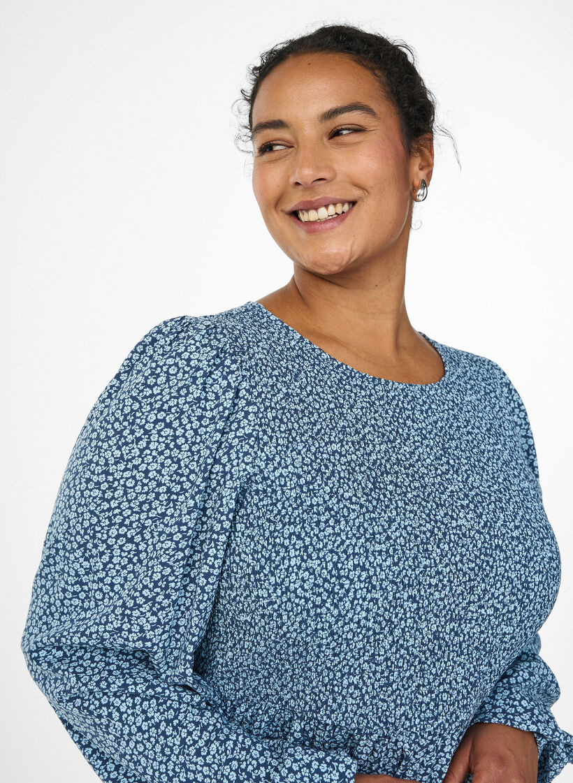Jurk met een gesmokte top en fijn bloemetjespatroon, Blauw, Model image number 3