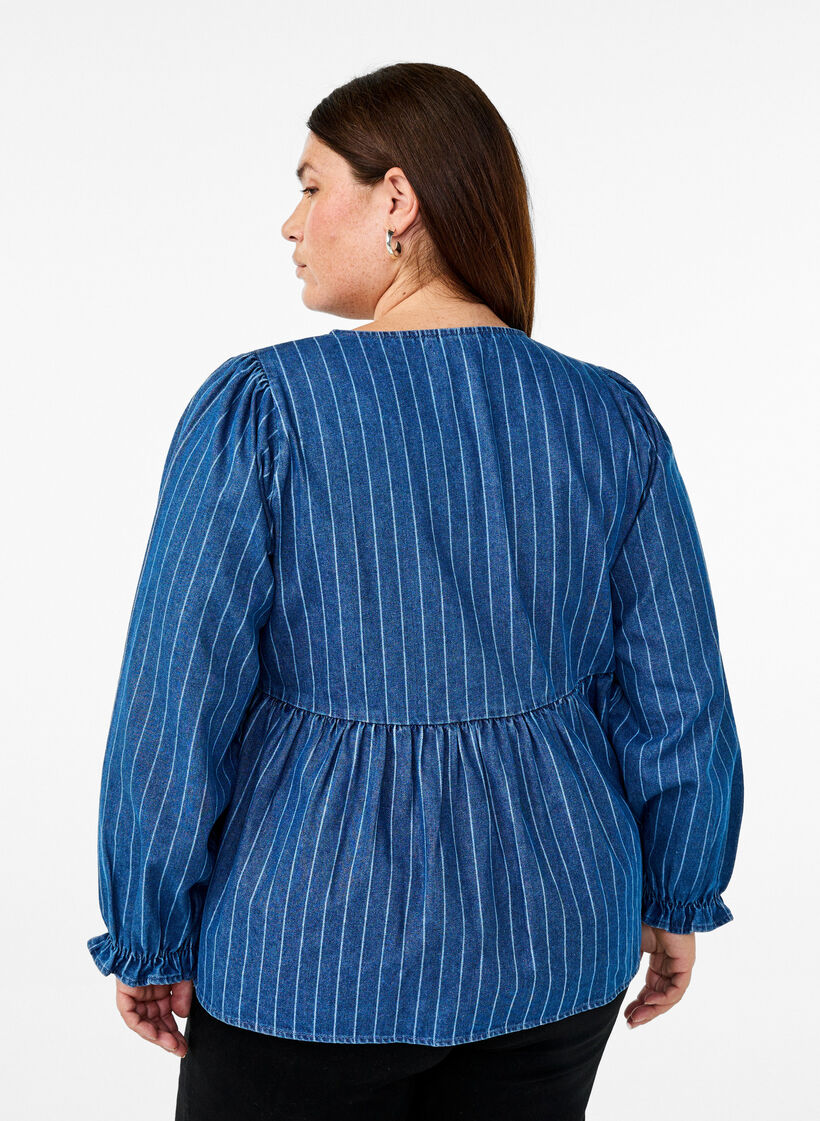 Gestreepte denim blouse met strik aan de voorkant, Blauw, Model image number 2