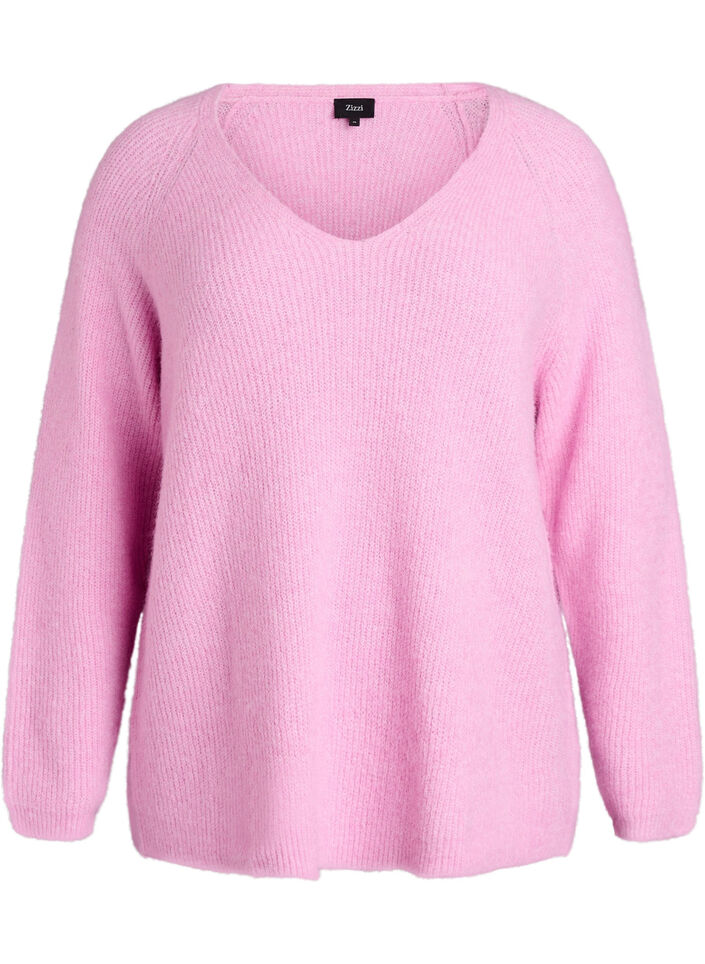 Gebreide blouse met V-hals en raglanmouwen, Roze, Packshot image number 0