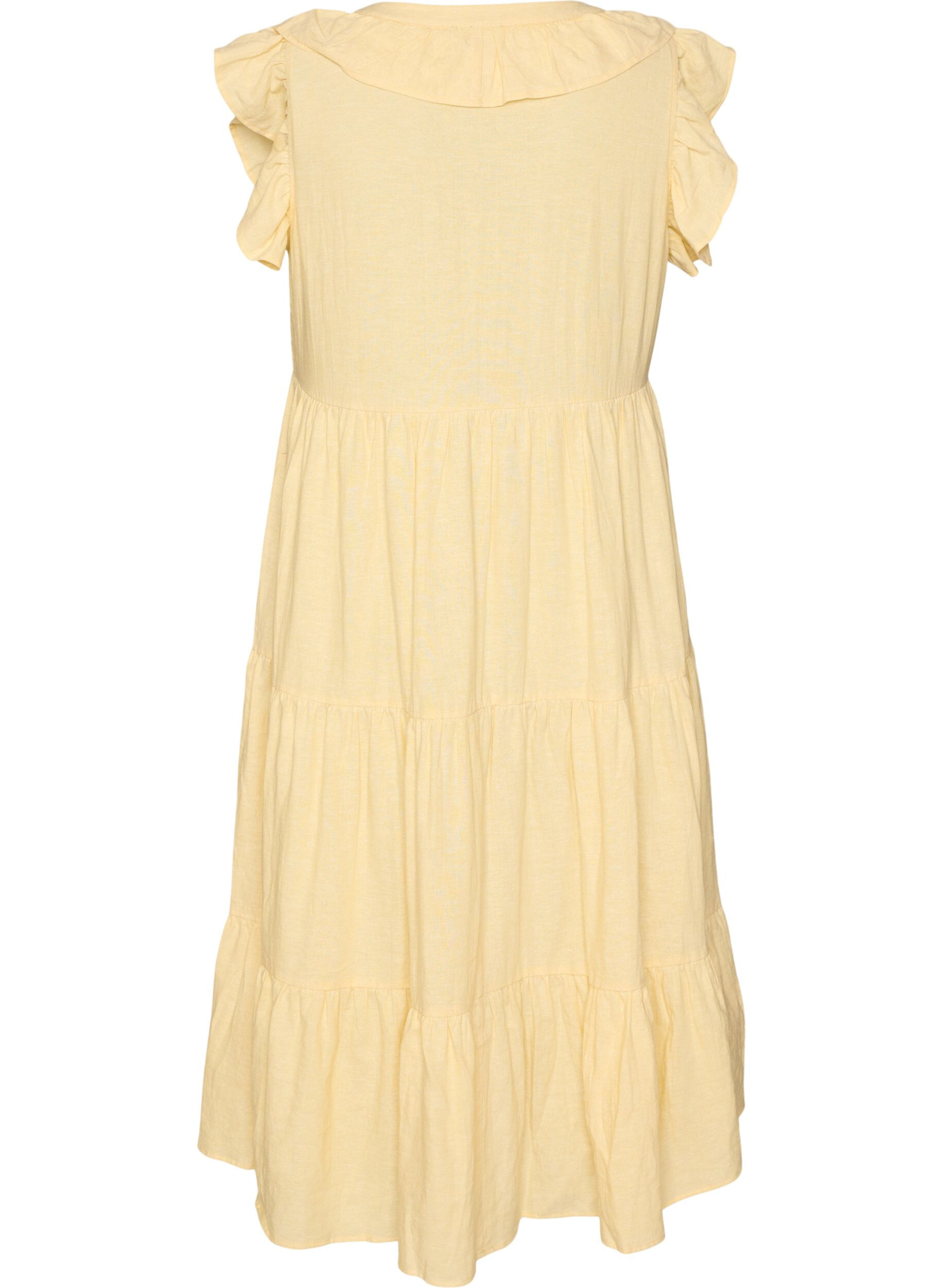 ZizziMouwloze midi jurk in linnen en viscose met ruches, Geel, Packshot image number 1