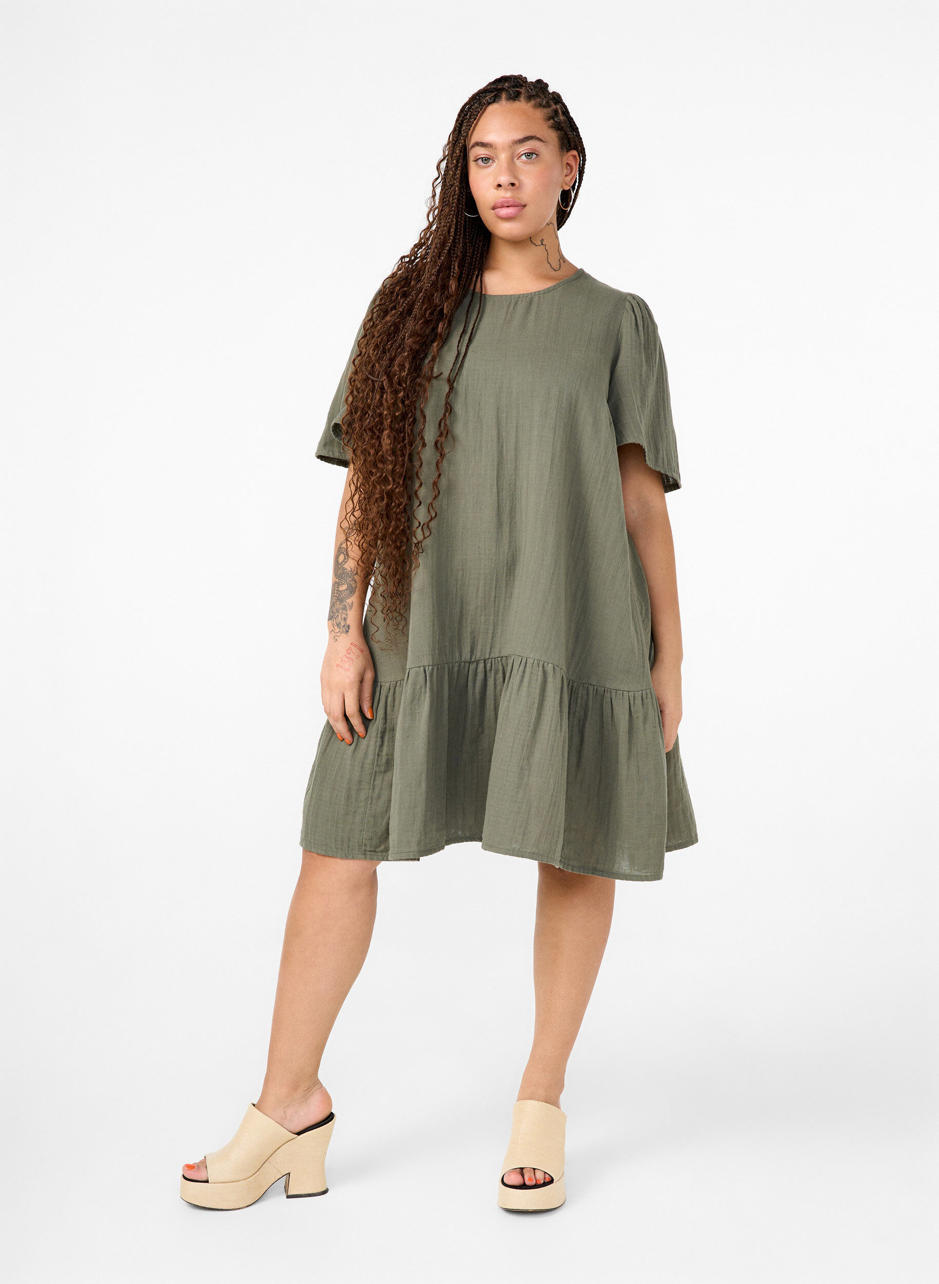 ZizziKatoenen jurk met korte mouwen en a-lijn snit, Groen, Model image number 1