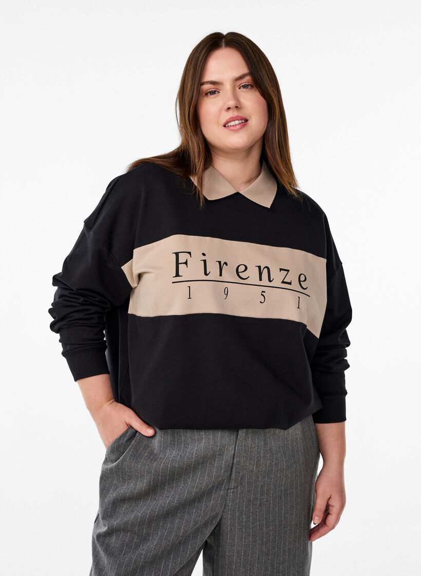 Sweatshirt met kraag en contrastprint van biologisch katoen, Black w. Simply Taup, Model