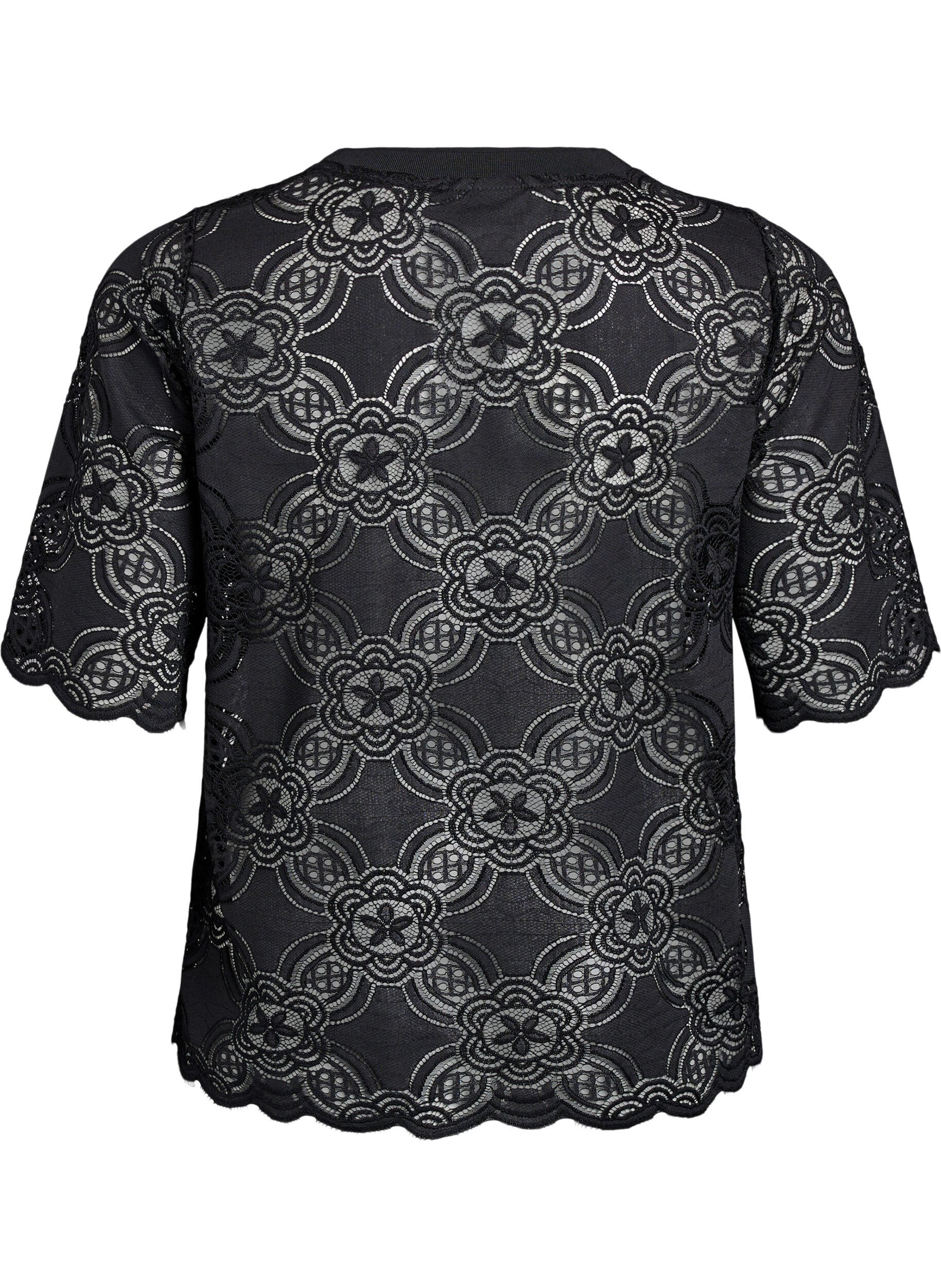 ZizziKanten blouse met een grafisch patroon en mouwen van 1/2 lengte, Zwart, Packshot image number 1