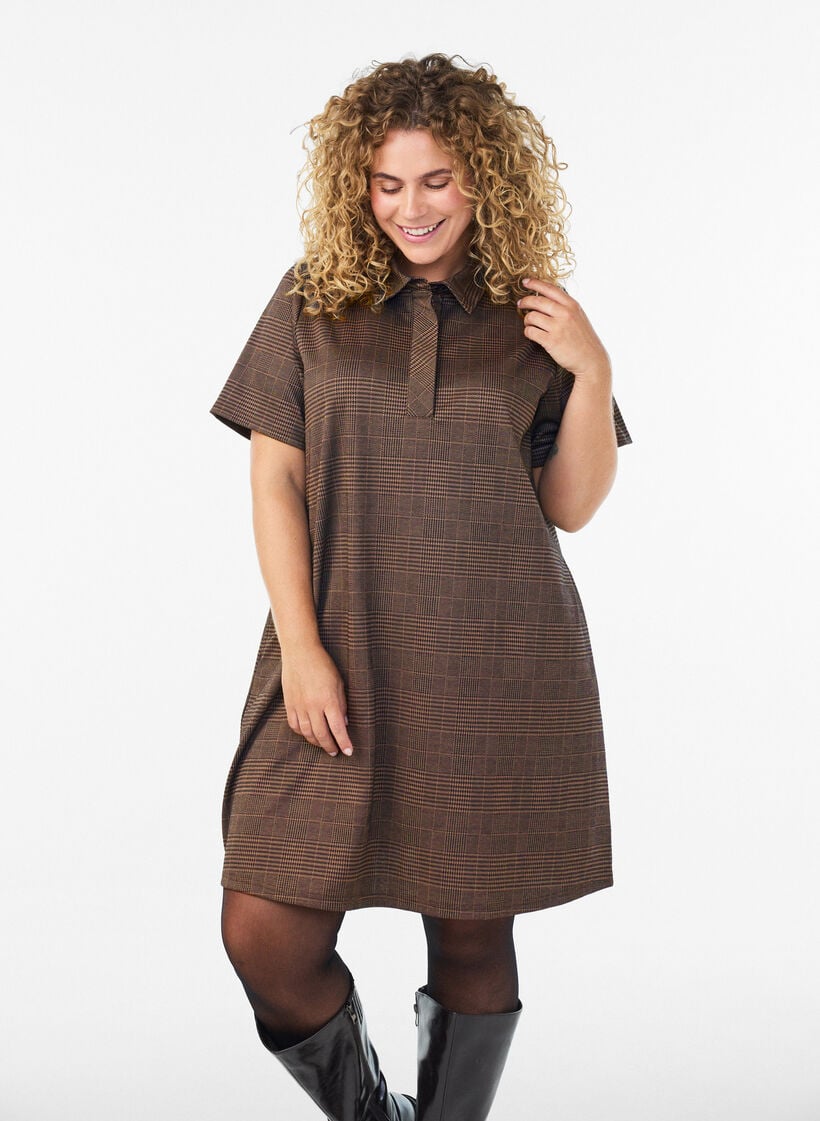 Korte geruite jurk met een overhemdkraag, Bruin, Model image number 0