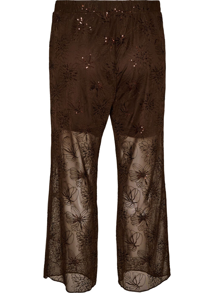 Mesh broek met bloemenborduursels en pailletten, Bruin, Packshot image number 1