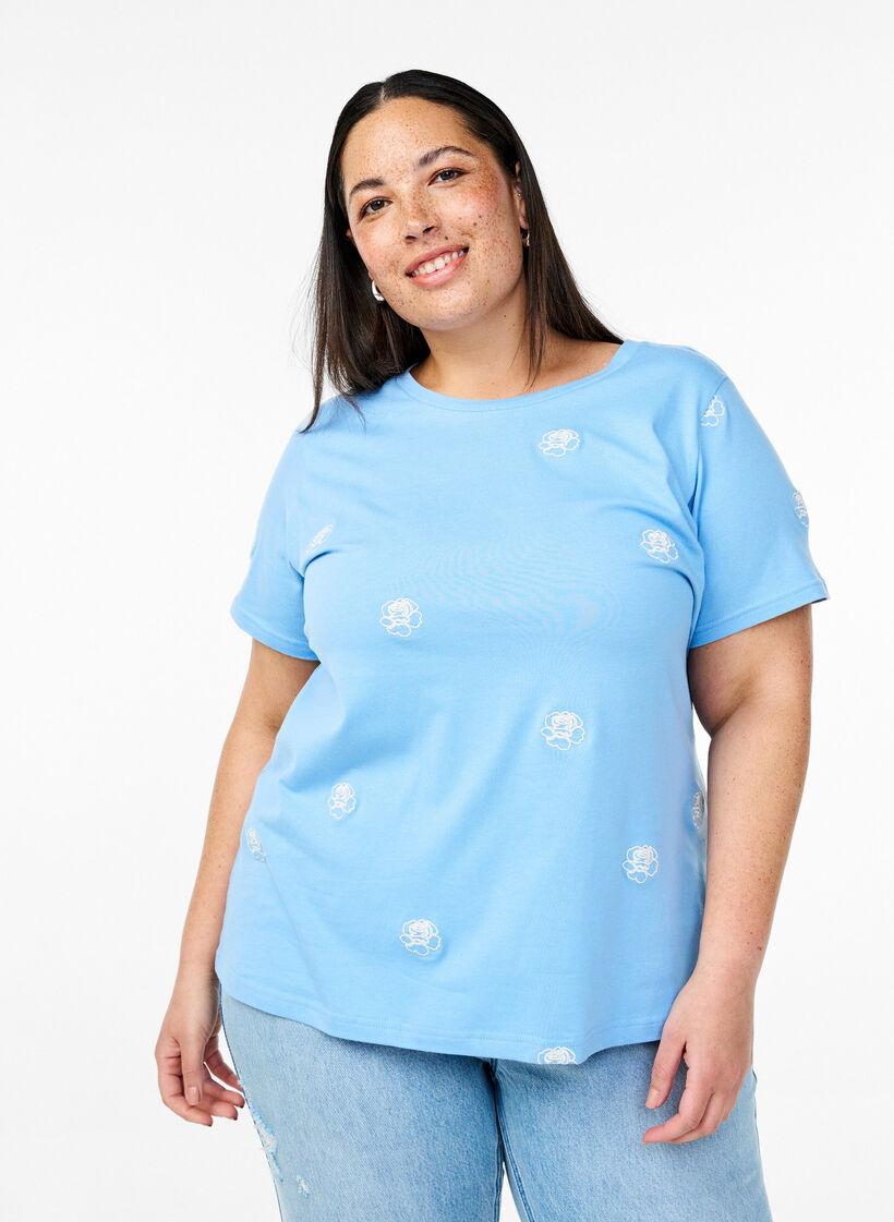 T-shirt in biologisch katoen met geborduurde motieven, Blauw, Model image number 0
