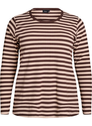 ZizziGestreepte blouse met lange mouwen, Chocolate M. Stripe, Packshot image number 0