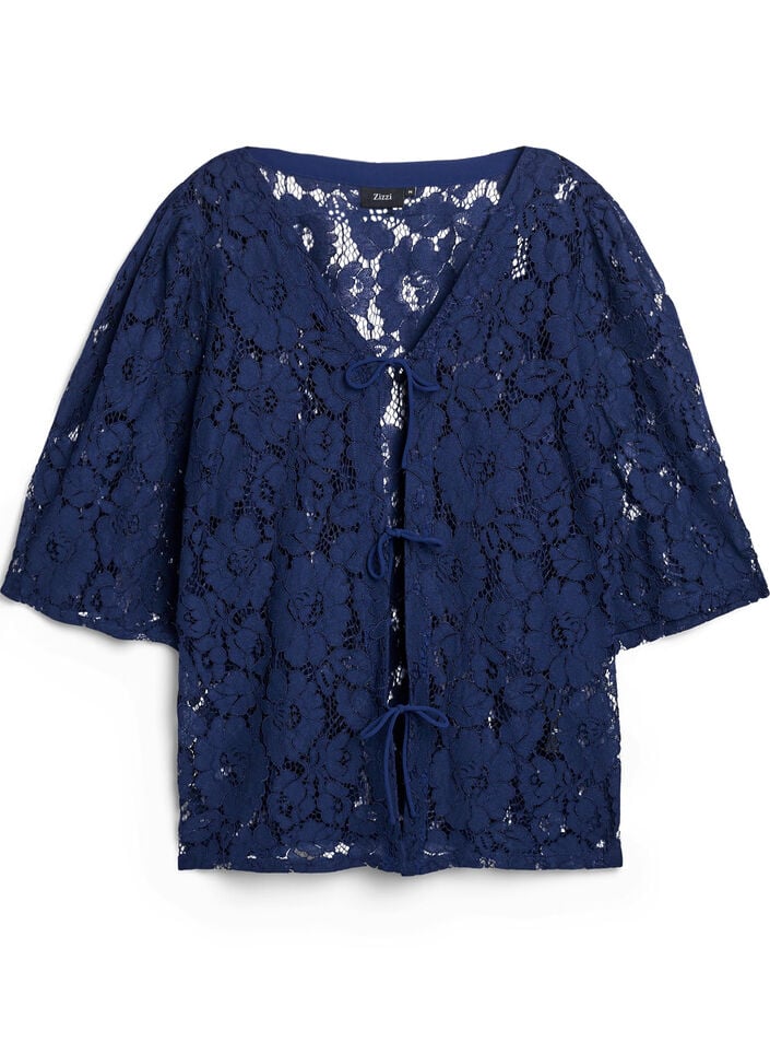 Kanten blouse met 3/4 mouwen en strikjes aan de voorkant, Black Iris, Packshot