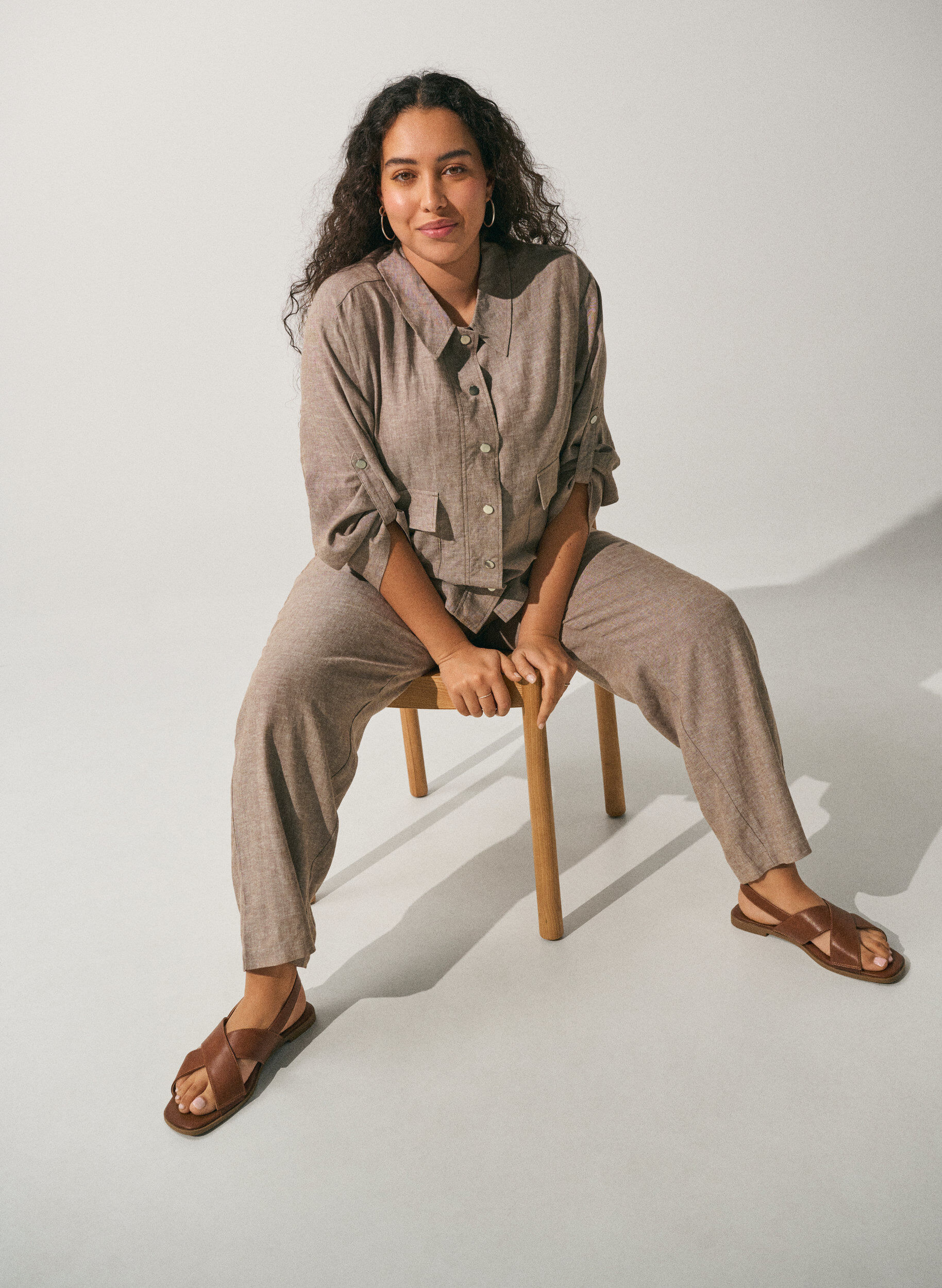 ZizziLinnen en viscose blouse met een verstelbare taille, Bruin, Image image number 0