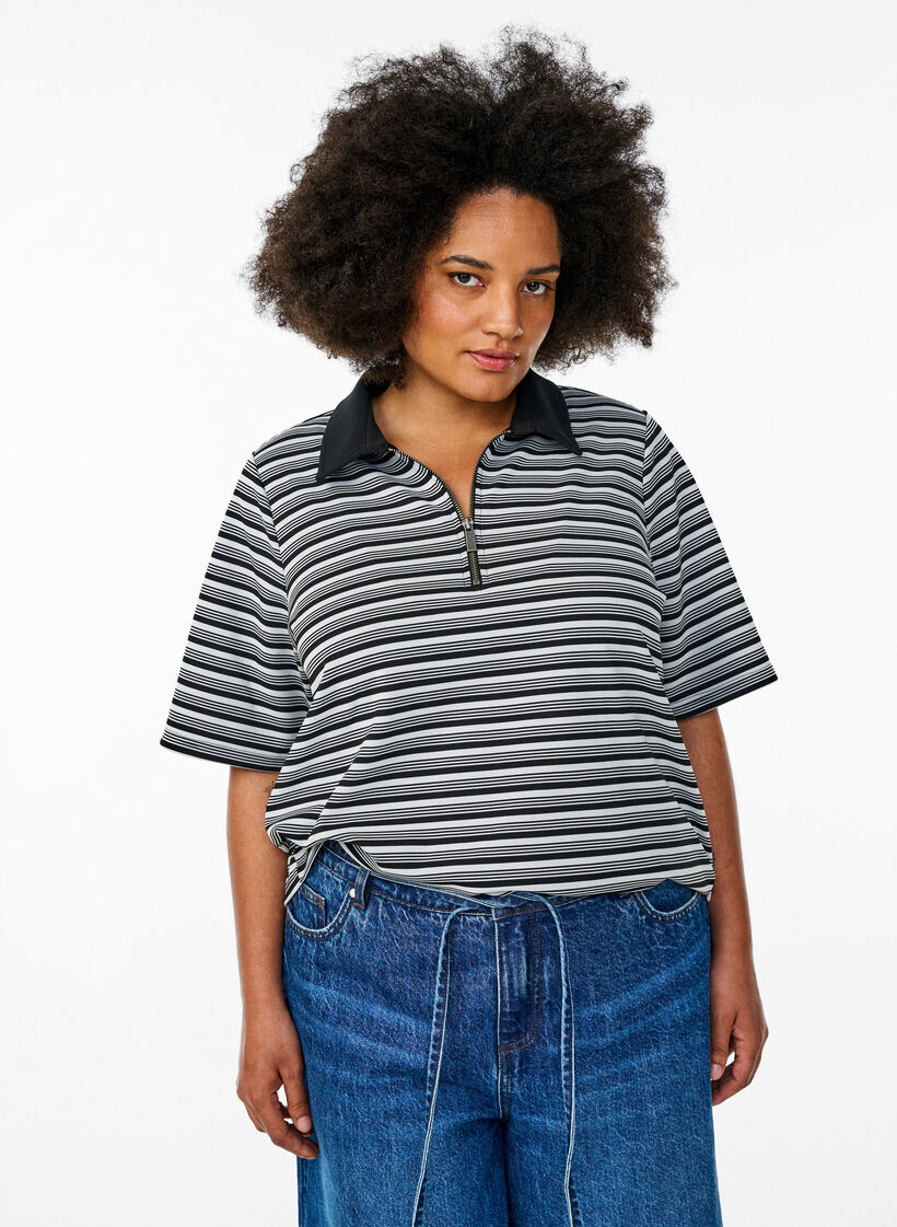 Gestreept poloshirt met korte mouwen en rits, Zwart, Model image number 0