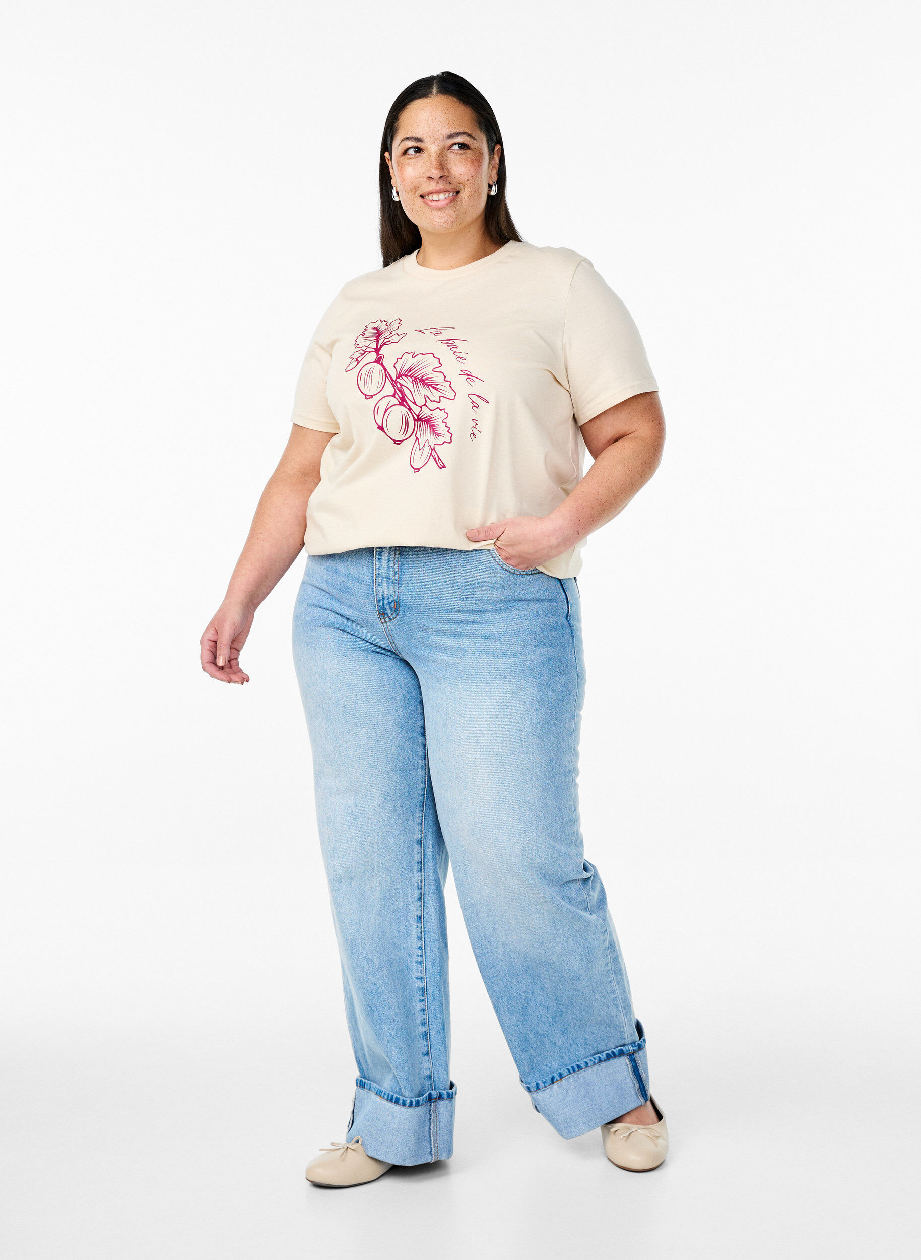 ZizziKatoenen T-shirt met print, Beige, Model image number 1