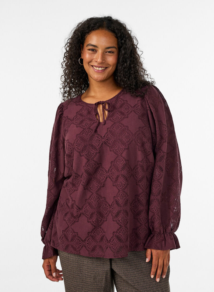 Blouse met lange mouwen met kantpatroon, Donker Bordeaux, Model image number 0
